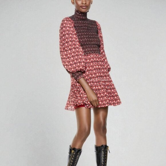 Alice + Olivia Elvira Smocked Mock Neck Mini Dress Size 10 - Picture 3 of 16